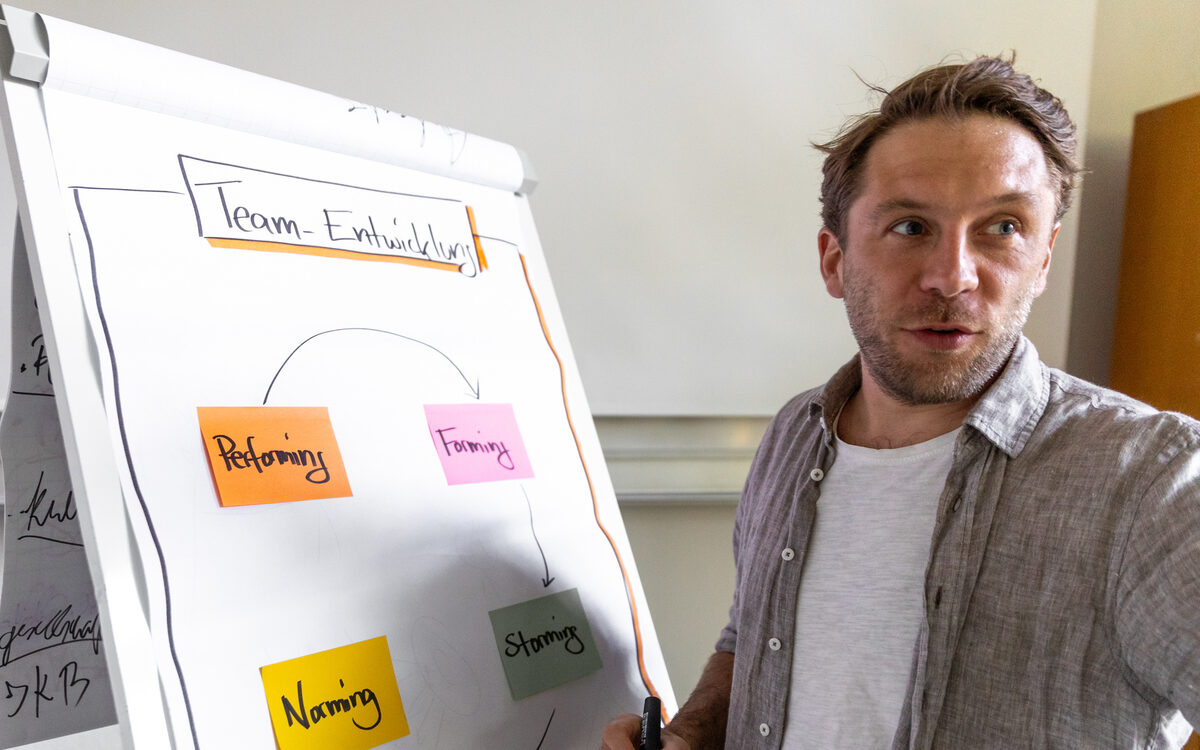 Dr. Benjamin Sack moderiert eine Teamentwicklung am Flipchart